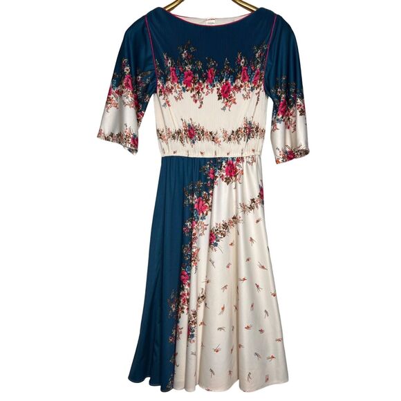 Vintage 70s Piccolo Size 4 Floral Dress Plisse Bodice Cotton Blend Disco - Picture 1 of 8